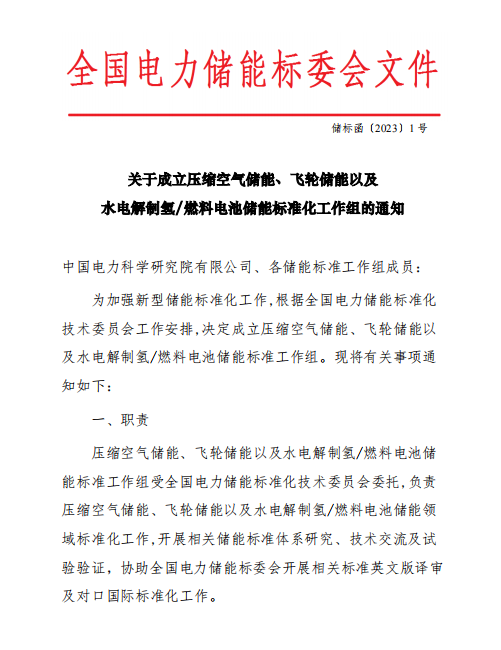 全国电力储能标委会成立压缩空气飞轮水电解制氢/燃料电池等储能标准化工作组