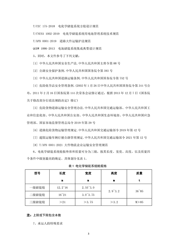 团体标准《电化学储能系统舱大件运输特殊要求（征求意见稿）》征求意见