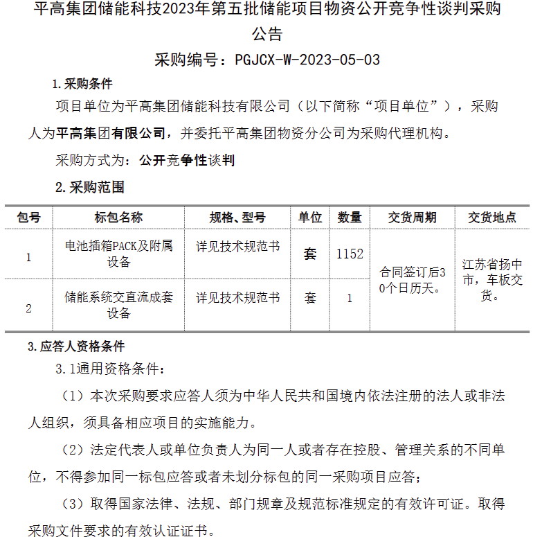 储能招标丨1153套！平高储能电池插箱PACK、储能系统设备采购