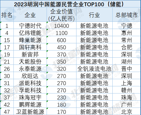 48家储能企业上榜！胡润中国能源民营企业TOP100出炉