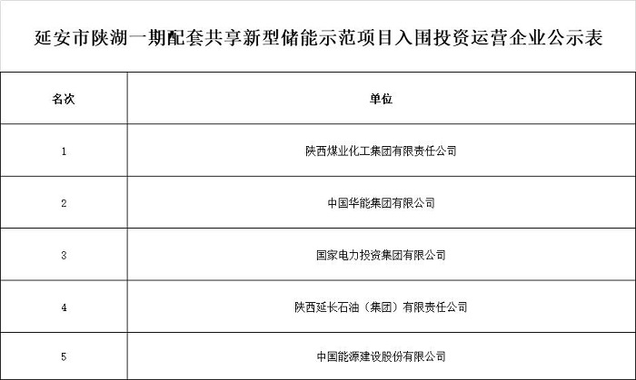 延安陕湖一期配套共享新型储能示范项目投资运营企业优选结果的公示